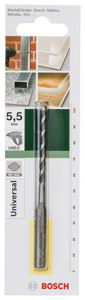 'Bosch Universalbohrer 5,5 mm'; geeignet für Beton, Metall, Holz; Abbildungen von Anwendungen; Skala an der rechten Seite.