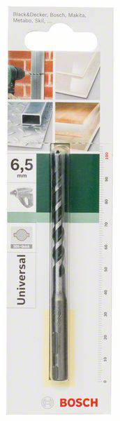 'Bosch Universalbohrer 6,5 mm' auf einer Verpackung, die Anwendungen für verschiedene Materialien zeigt, wie Beton und Holz.
