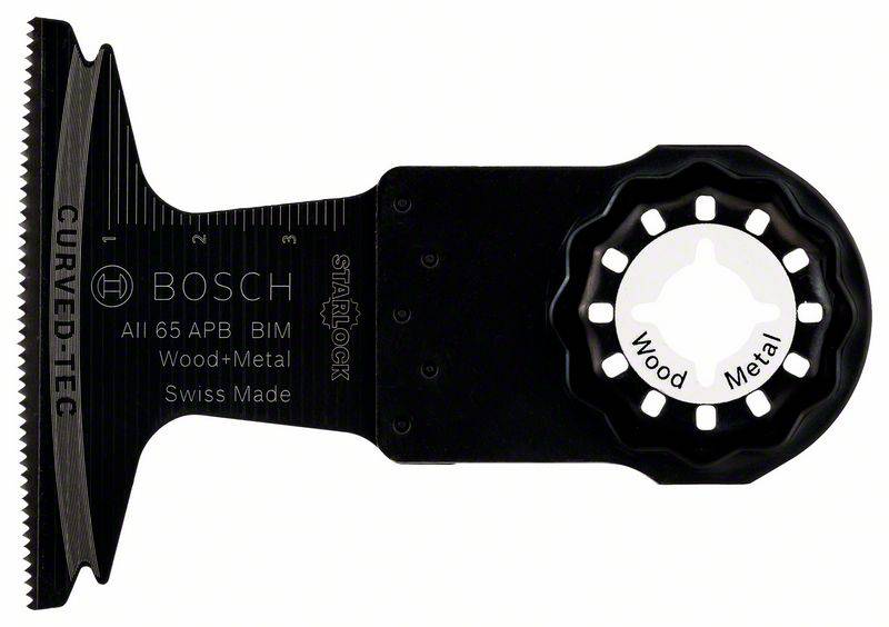 Ein schwarzes Bosch-Sägeblatt für Holz und Metall mit Aufschrift 'CURVED-TEC', Maßskala und 'Swiss Made'.
