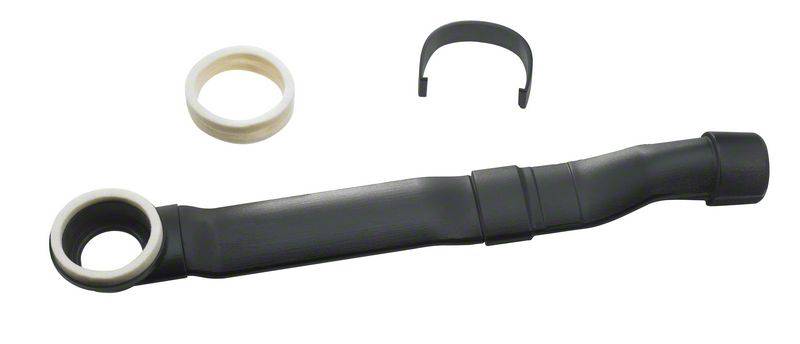 Schwarzes Plastikrohr mit abgewinkeltem Ende, umgeben von zwei weißen Dichtungsringen und einem schwarzen Halteclip. Ersatzteil für Fahrzeugmotoren.