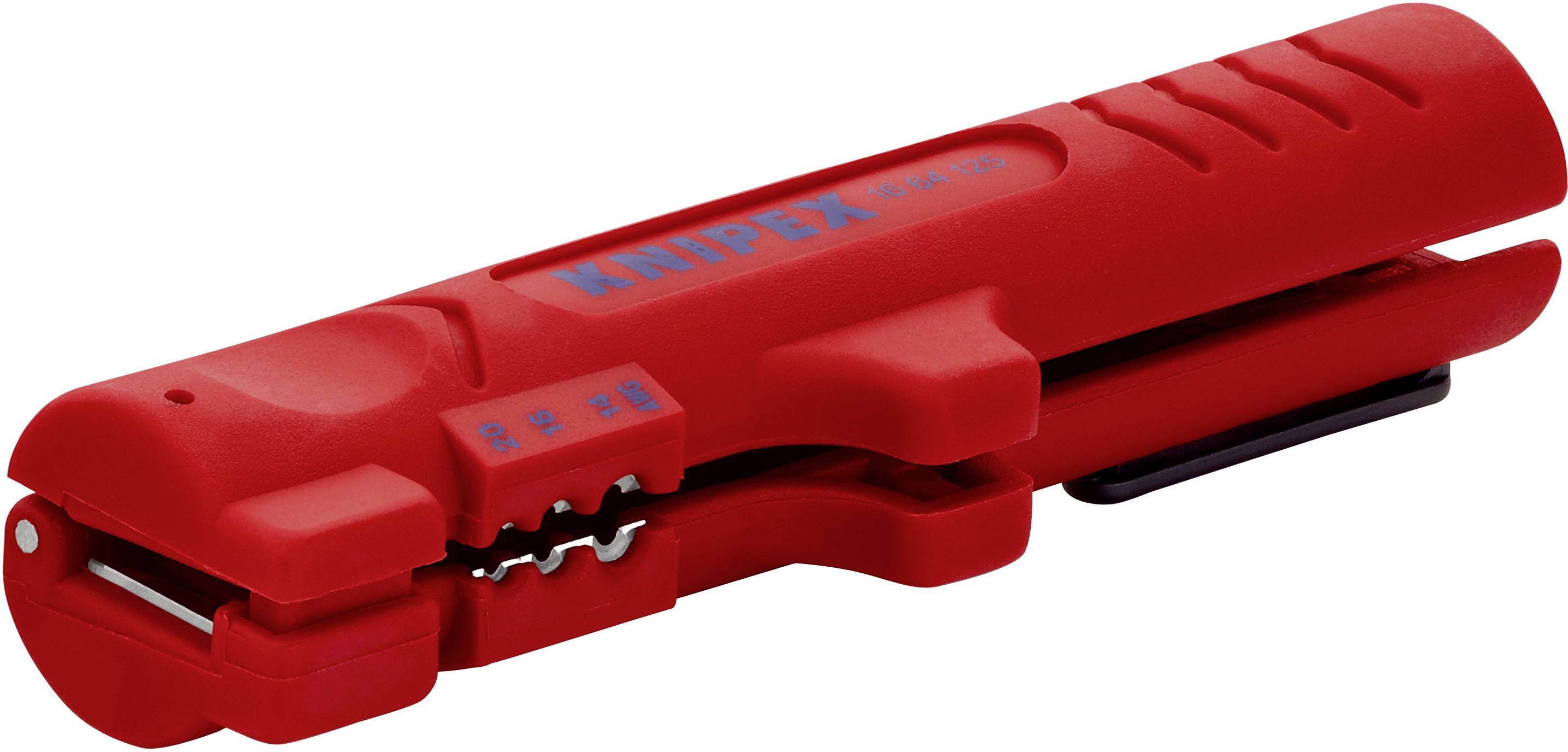 Rotes Kabelabisolierwerkzeug, schlankes Design mit ergonomischem Griff, geeignet zum präzisen Abisolieren von Kabeln.