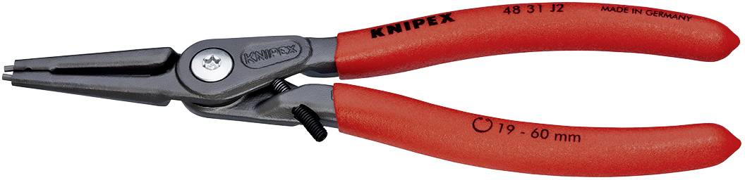 Rote Sprengringzange mit schwarzen Spitzen, geeignet für Sicherungsringe von 19-60 mm. Aufschrift: 'Knipex', hergestellt in Deutschland.