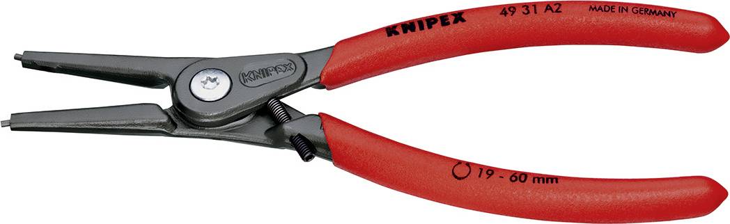 Rote Knipex-Sicherungsringzange, Modell 49 31 A2, mit gebogenen Backen, geeignet für Sicherungsringe von 19 bis 60 mm, Made in Germany.