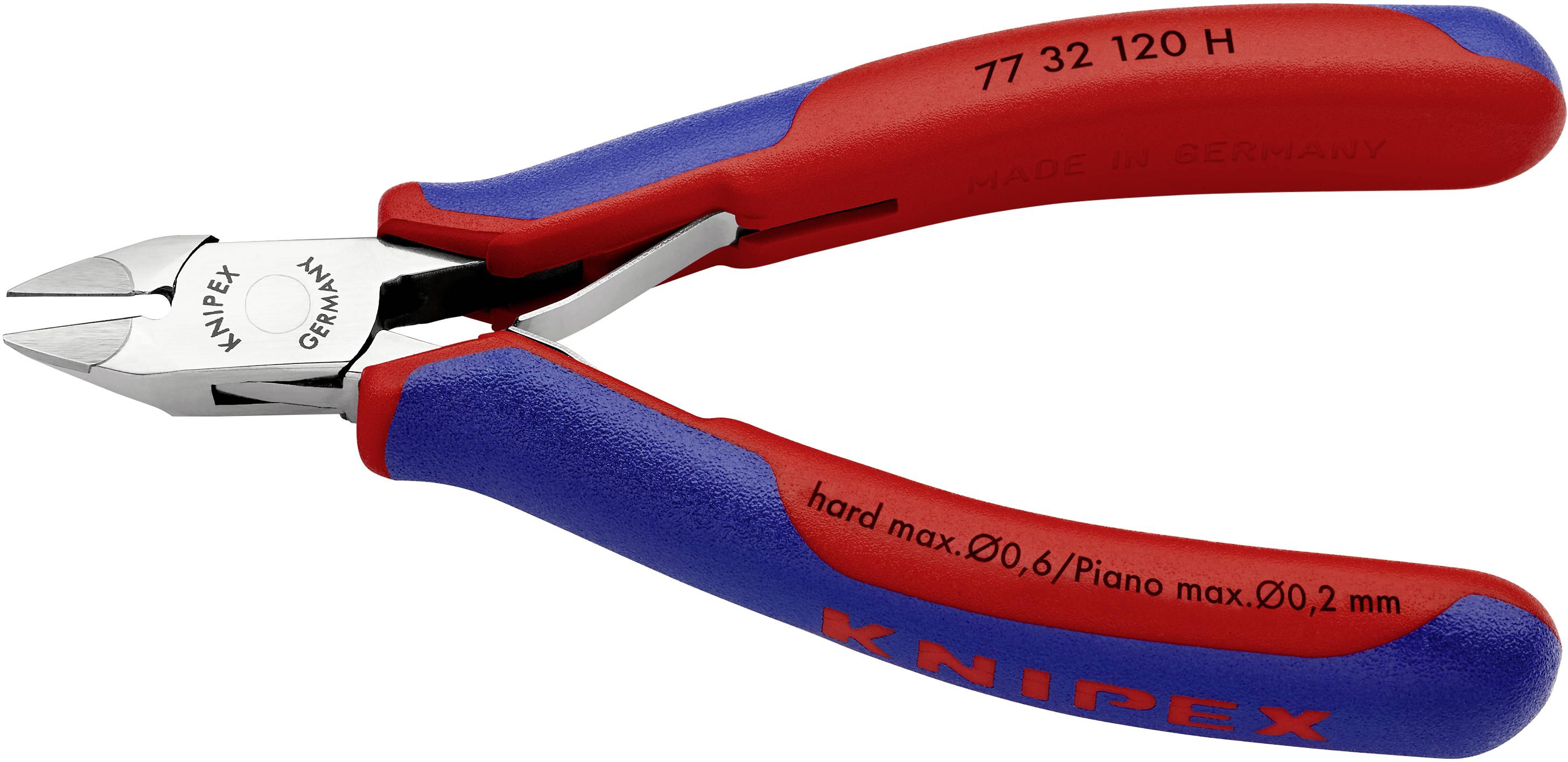 Eine rote und blaue Kombizange der Marke 'Knipex', geeignet zum Schneiden von harten Drähten bis zu 2,0 mm Dicke.