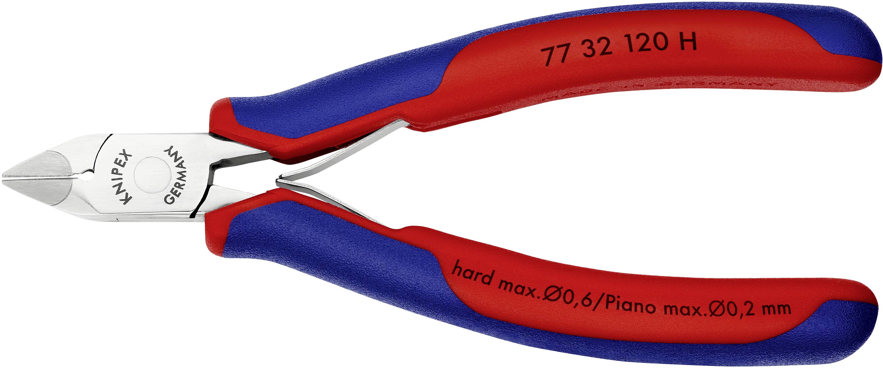Eine rote und blaue Seitenschneiderzange mit der Aufschrift 'Knipex Germany', geeignet zum Schneiden von harten Drähten bis 0,2 mm.