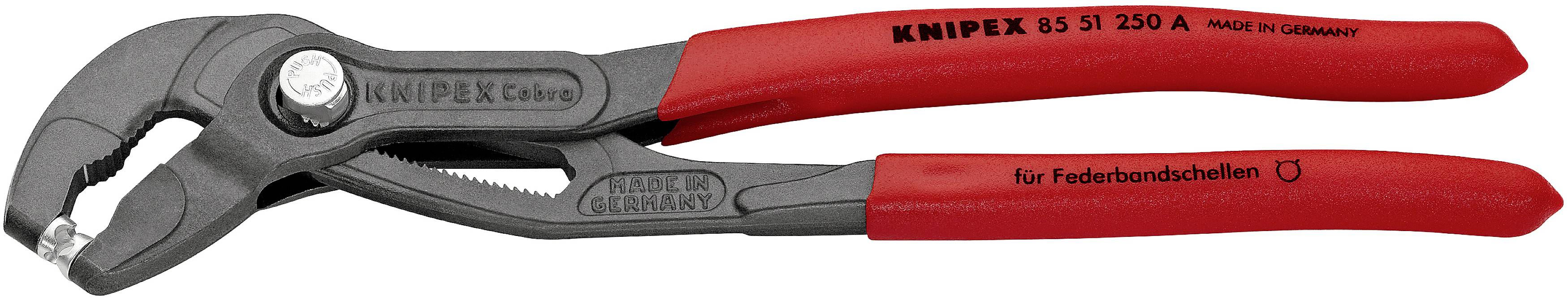 Zange mit roten Griffen, speziell zum Lösen von Federbandschellen. Aufschrift 'Knipex GS 51 250 A, Made in Germany'.