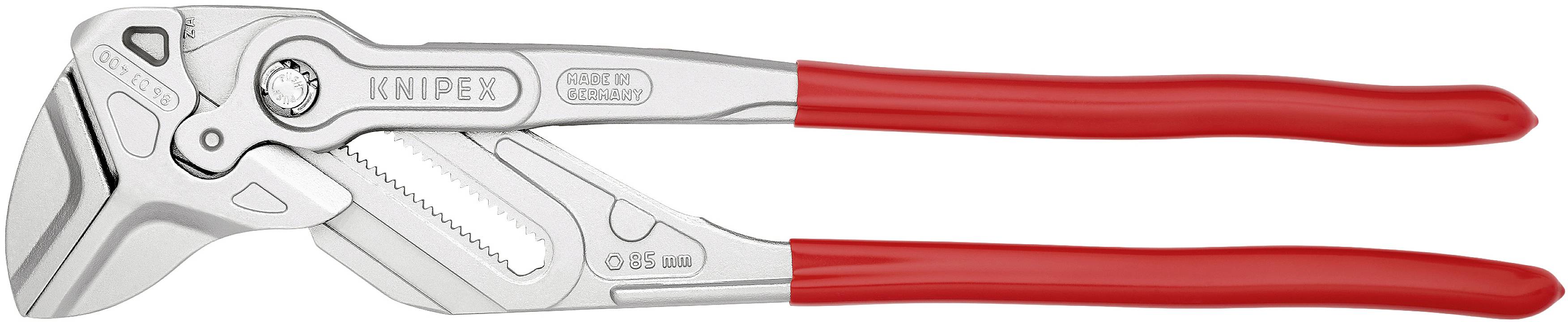 Silberne Zange mit roten Griffen, Marke KNIPEX, geeignet für präzises Greifen und Schneiden von Materialien.