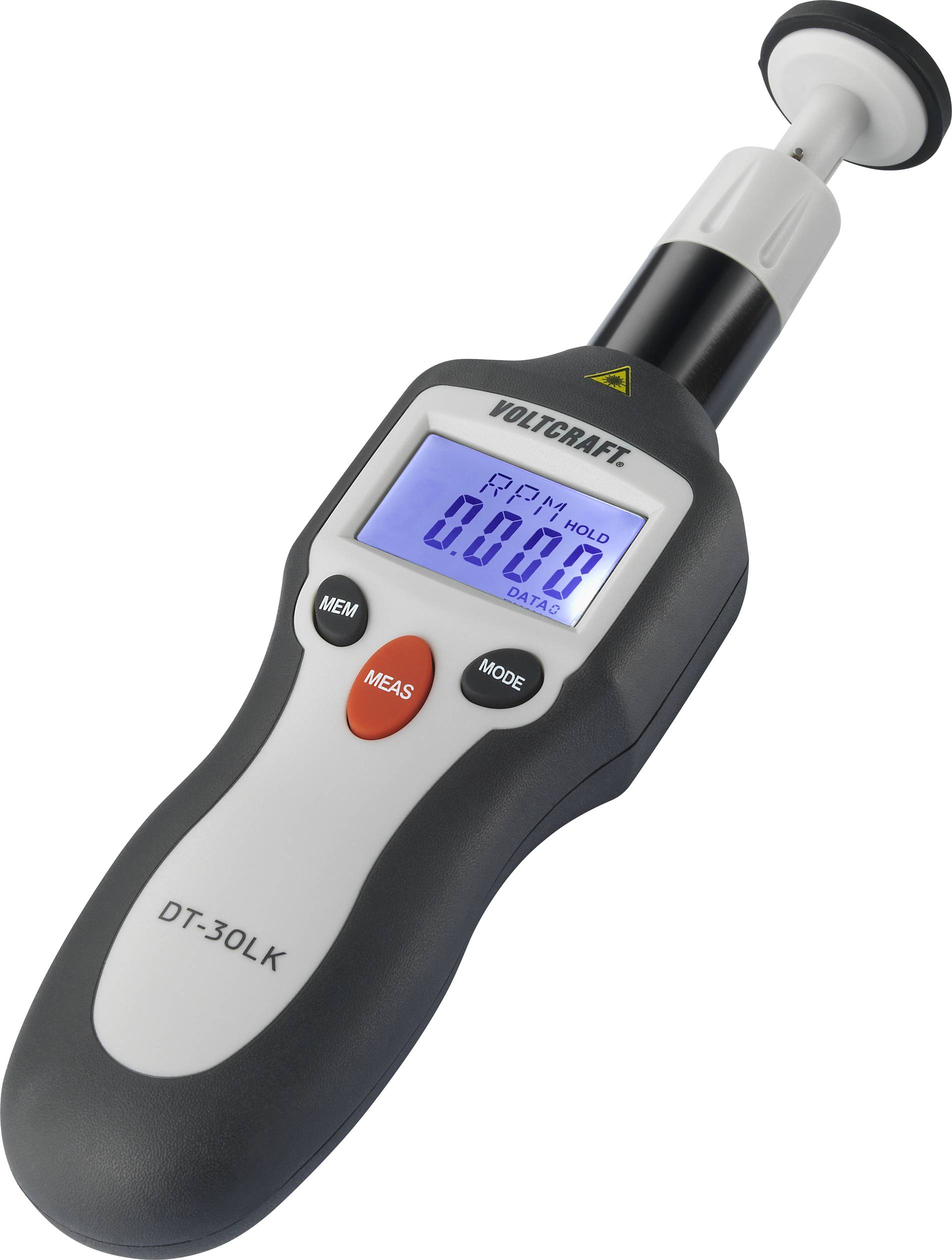 Ein Handtachometer von VOLTCRAFT mit LCD-Display, das '0.000 RPM' anzeigt. Gerät zur Messung von Drehzahlen.