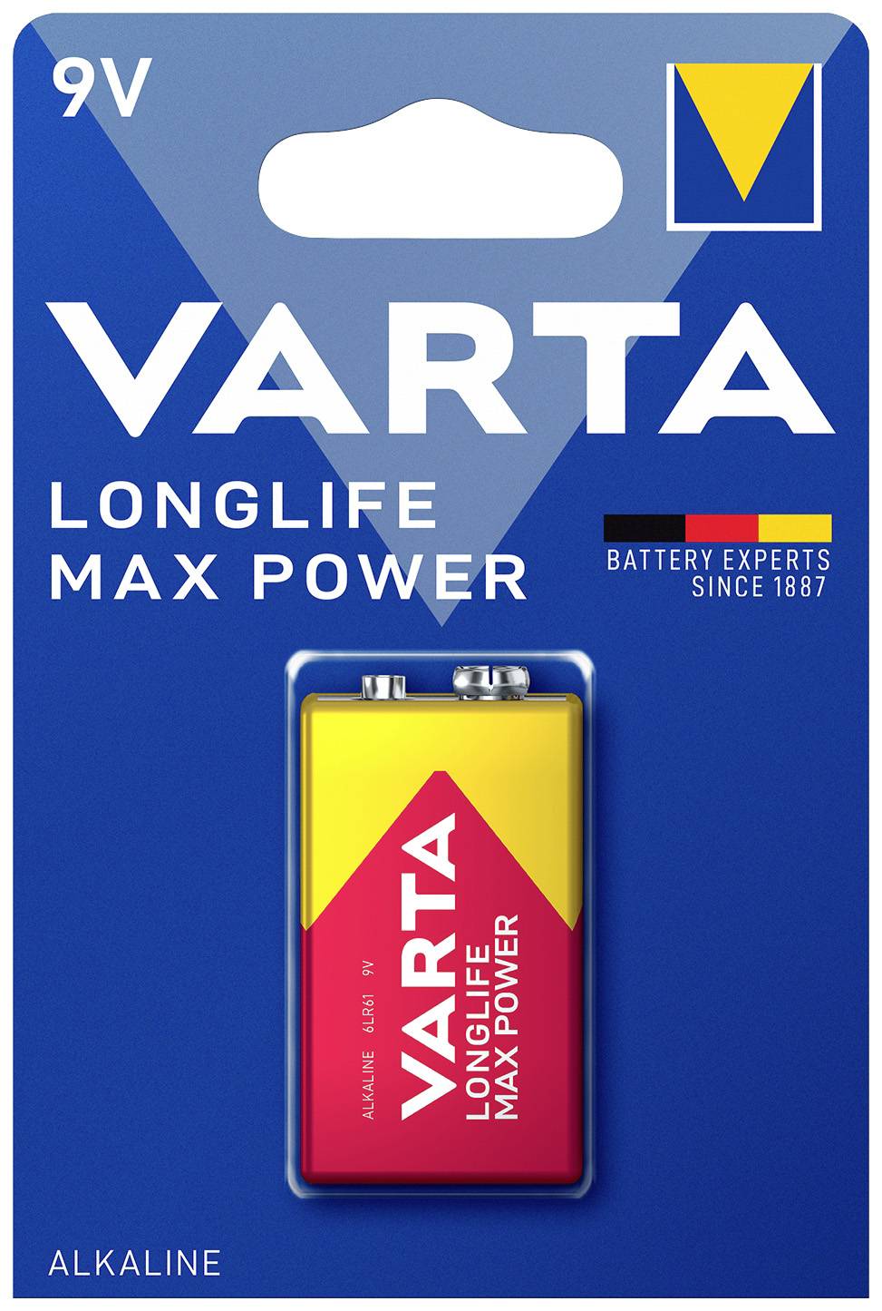 9-V-Alkalibatterie von Varta, verpackt. Aufschrift: 'LONGLIFE MAX POWER'. Verpackung in Blau und Gelb mit Varta-Logo.