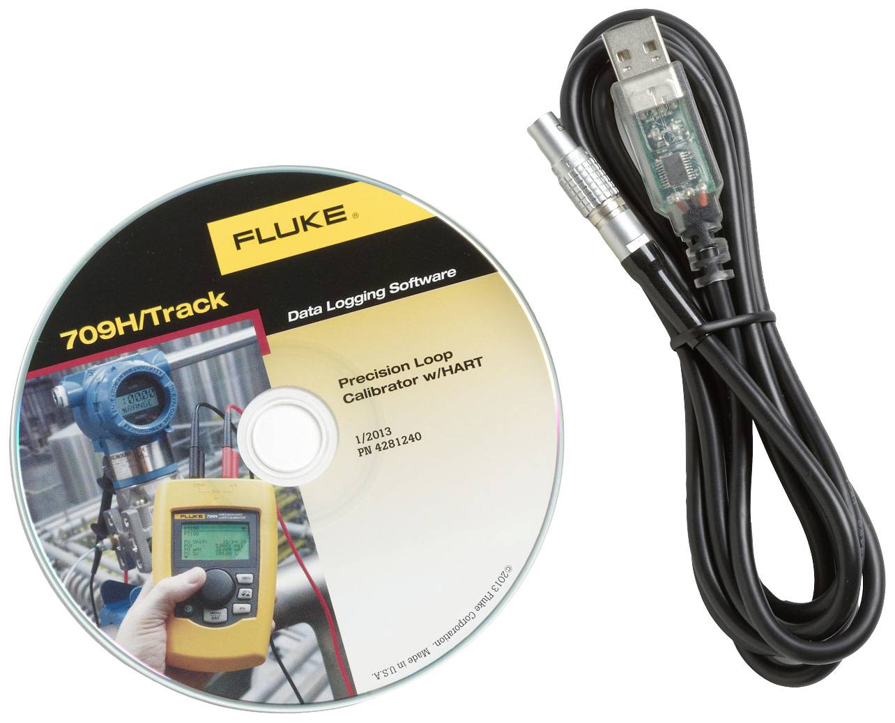 Ein CD-Datenträger von 'Fluke 709H/TRACK' Software zur Datenaufzeichnung neben einem USB-Datenkabel mit Silikonschutz.