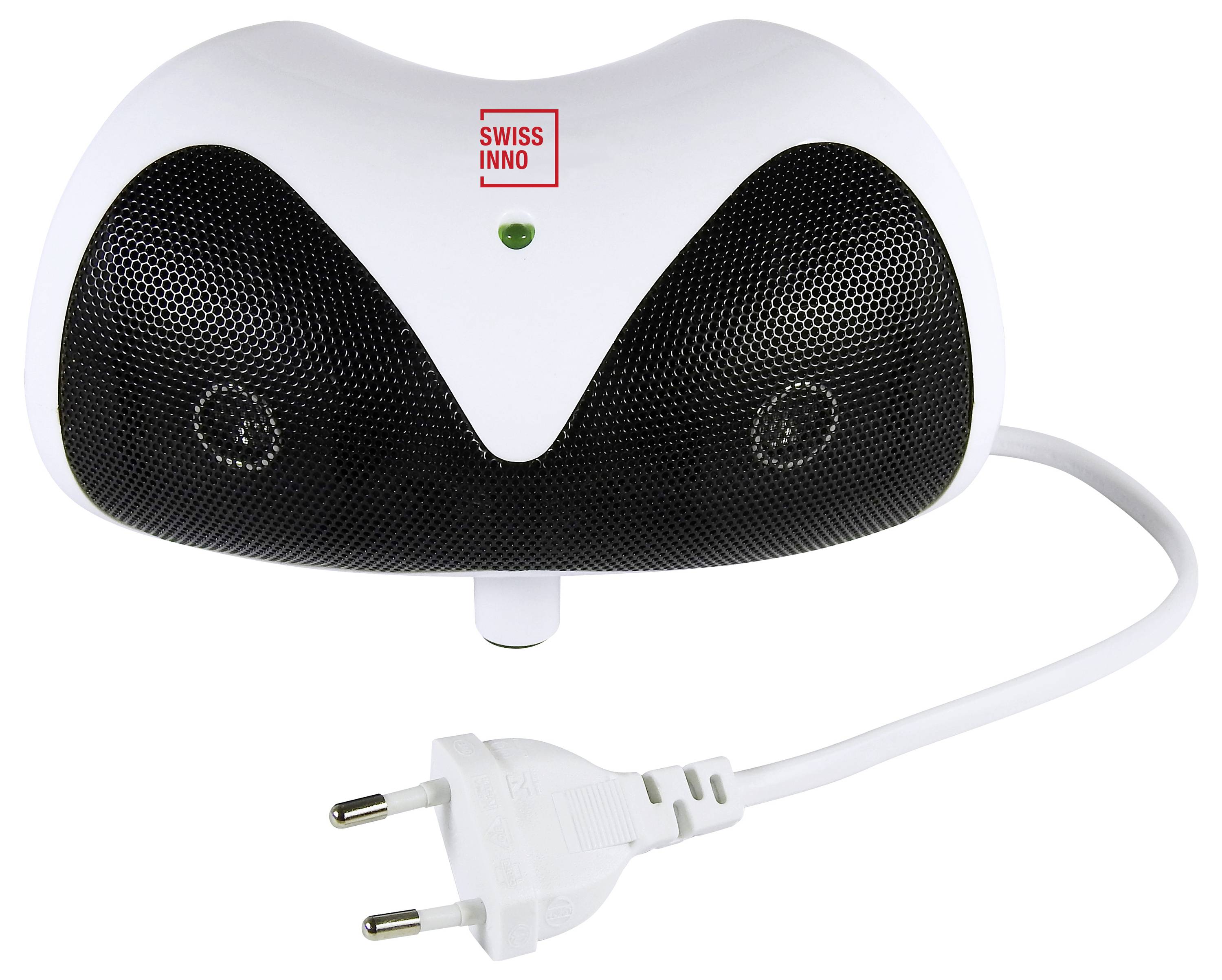 Ein weißer Ultraschall-Schädlingsvertreiber zum Einstecken mit schwarzen Lautsprechergittern und einer kleinen grünen Kontrollleuchte.