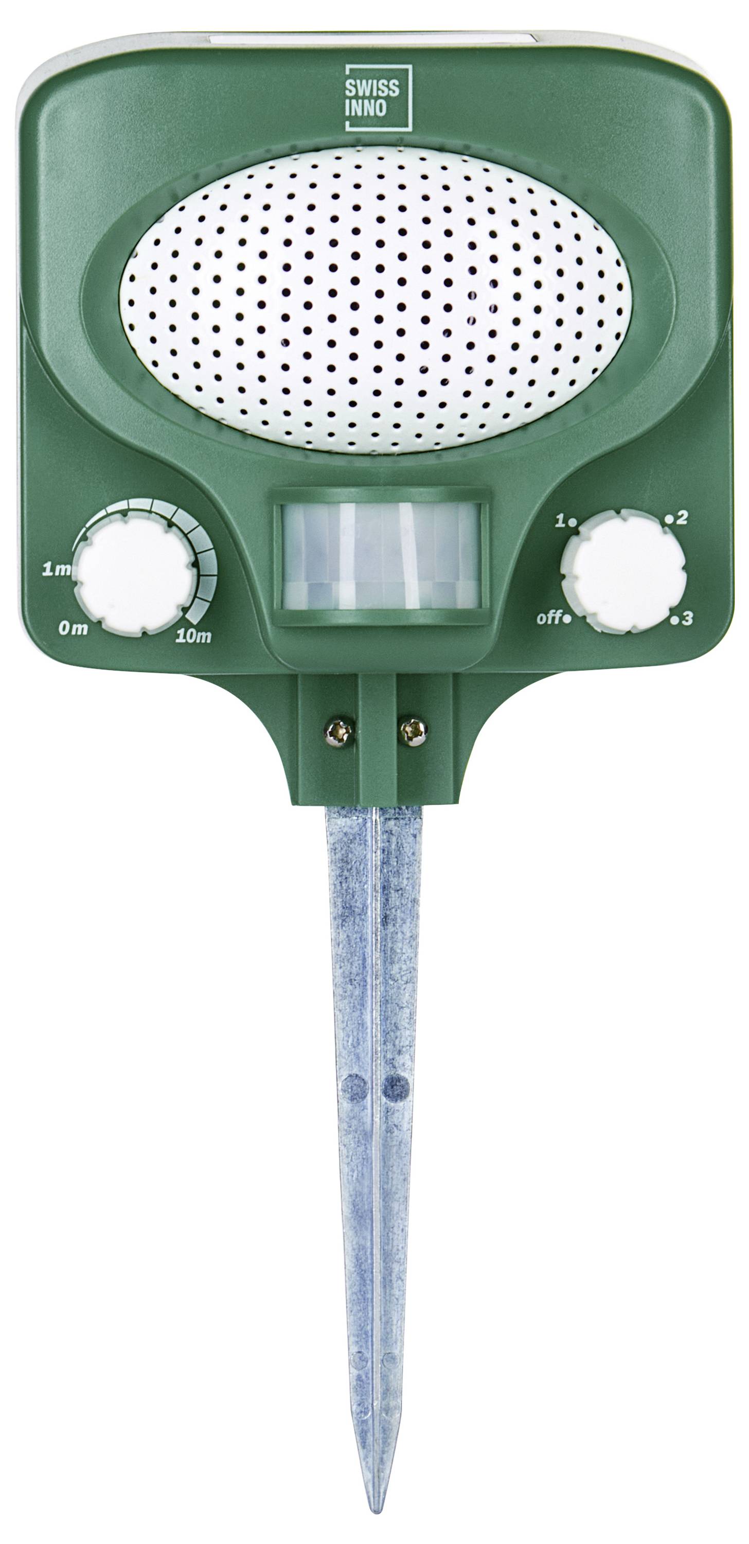 Swissinno Ultraschall-Schädlingsvertreiber, grün mit einem Erdspieß zur Bodenplatzierung, mit einstellbaren Einstellungen für Distanz und Frequenz.