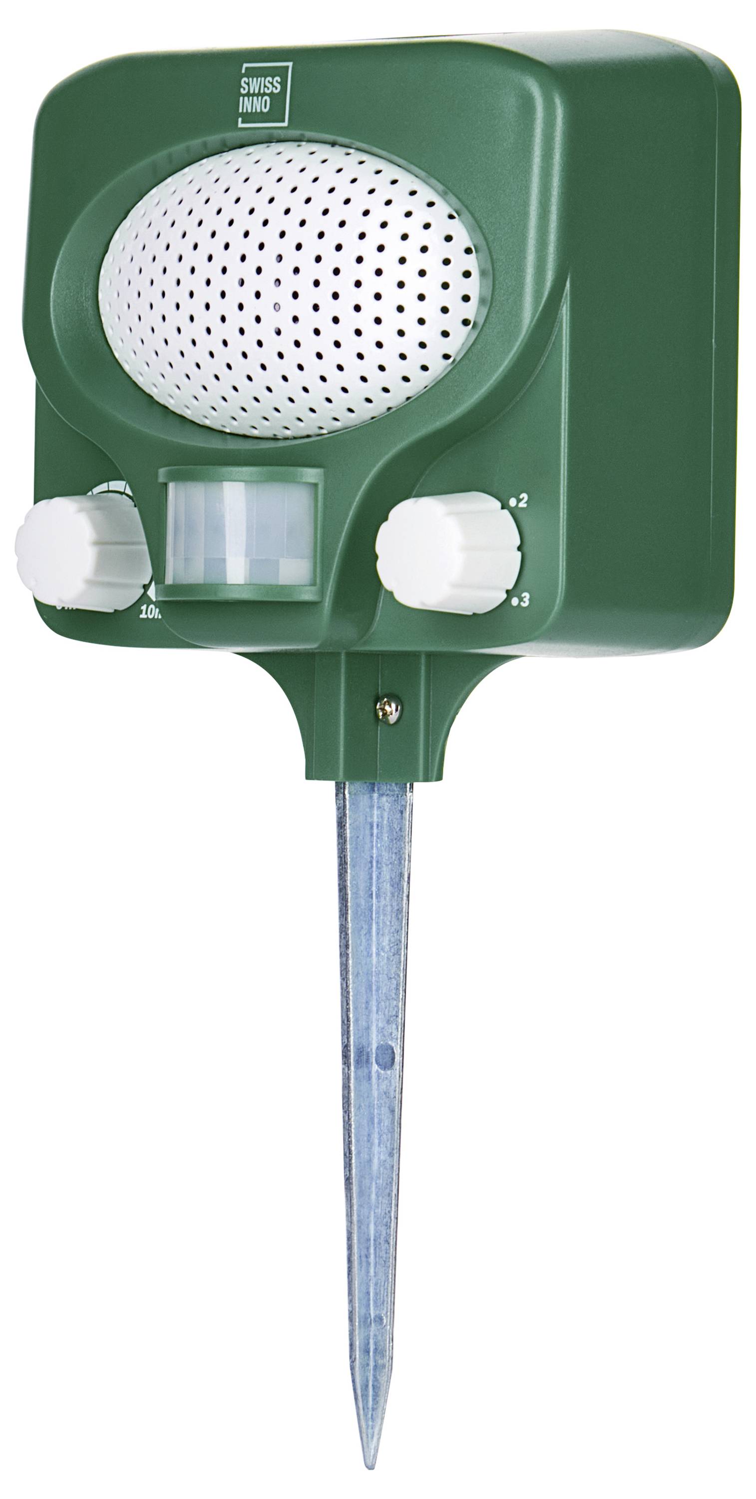 Ein grünes Ultraschall-Tierabwehrgerät mit einem Metallpfahl. Enthält einen Lautsprecher, einen Bewegungssensor und zwei Kontrollknöpfe für Einstellungen.