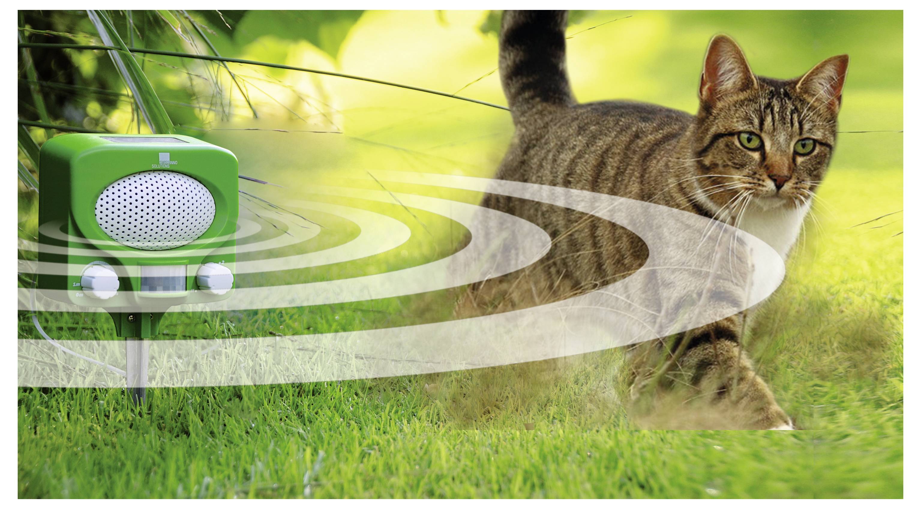Eine Katze läuft auf Gras, während ein grünes Gerät kreisförmige Wellenstrukturen ausstrahlt, was auf ein Katzenabwehrsystem hindeutet.