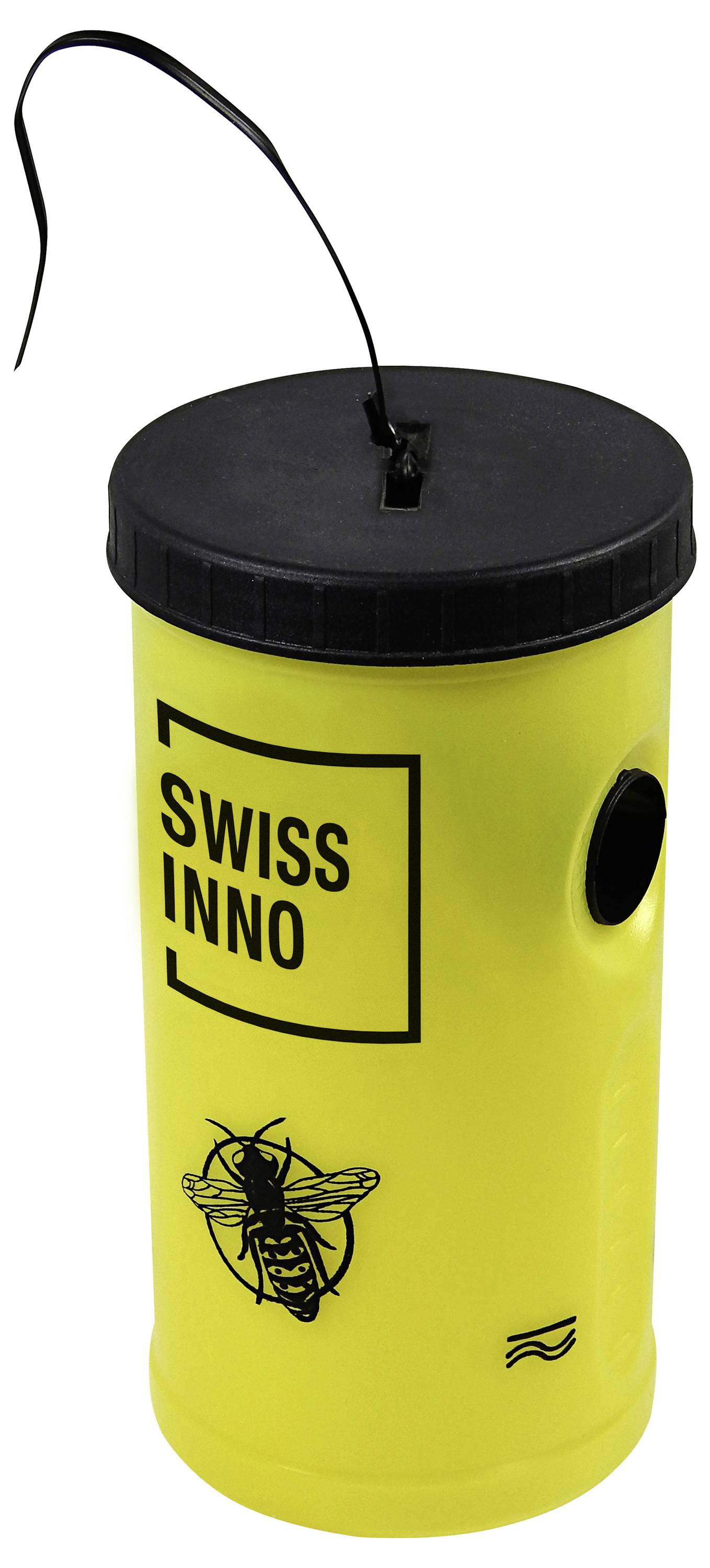 'Swiss Inno' Wespenfallengerät mit einem gelben Korpus, schwarzem Deckel und Aufhängeriemen, entwickelt zur effektiven Fang und Kontrolle von Wespen.