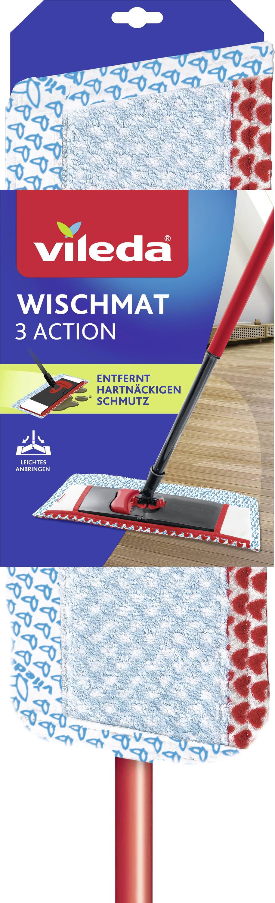 Vileda Wischmat 3 Action Wischmopf mit blauem und rotem gemustertem Reinigungstuch und rotem Griff, gekennzeichnet mit „ENTFERNT HARTNÄCKIGEN SCHMUTZ