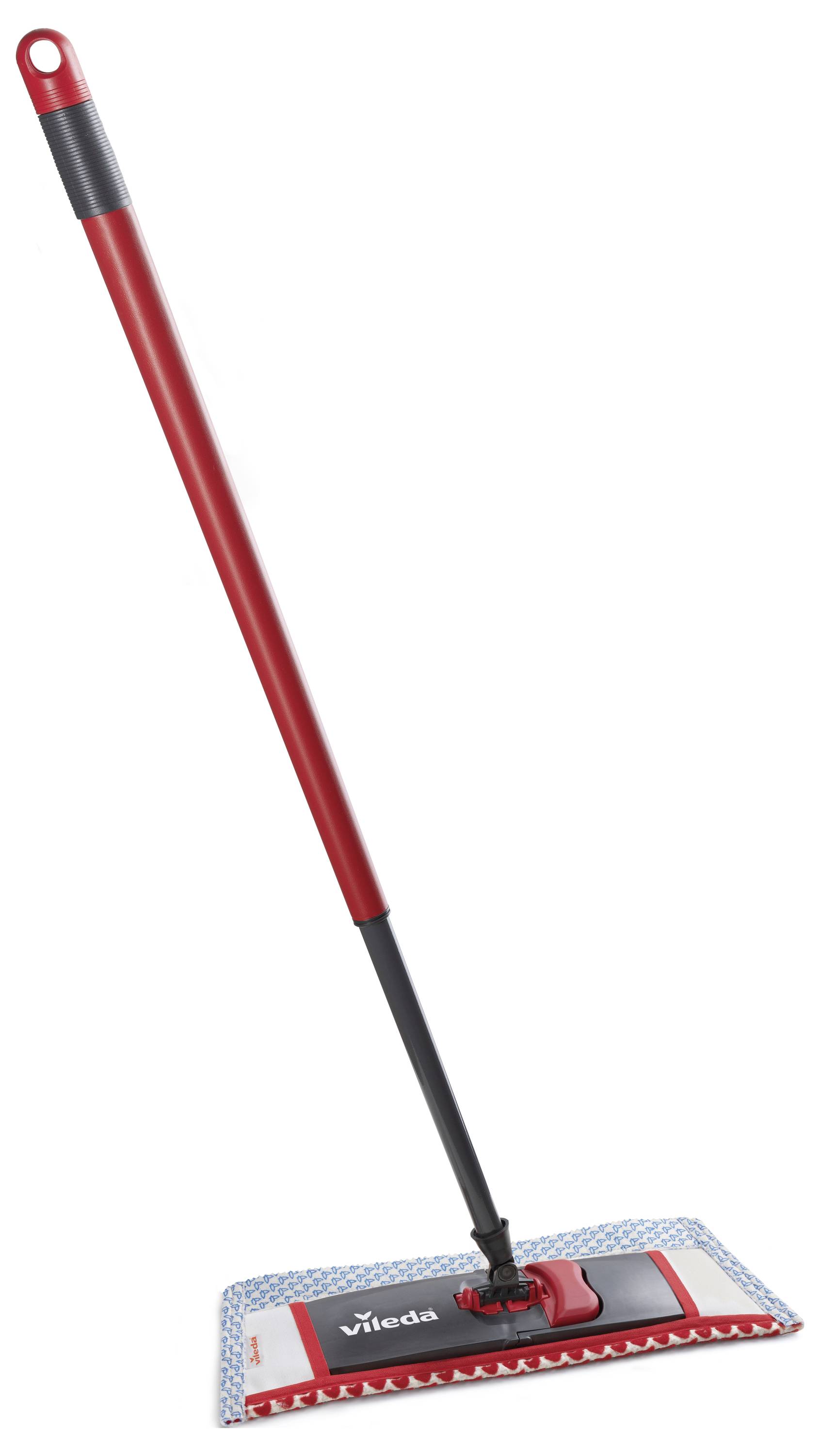 Rotes und schwarzes flaches Wischmop mit langem Stiel und weißem Mopkopf auf einfachem Hintergrund.