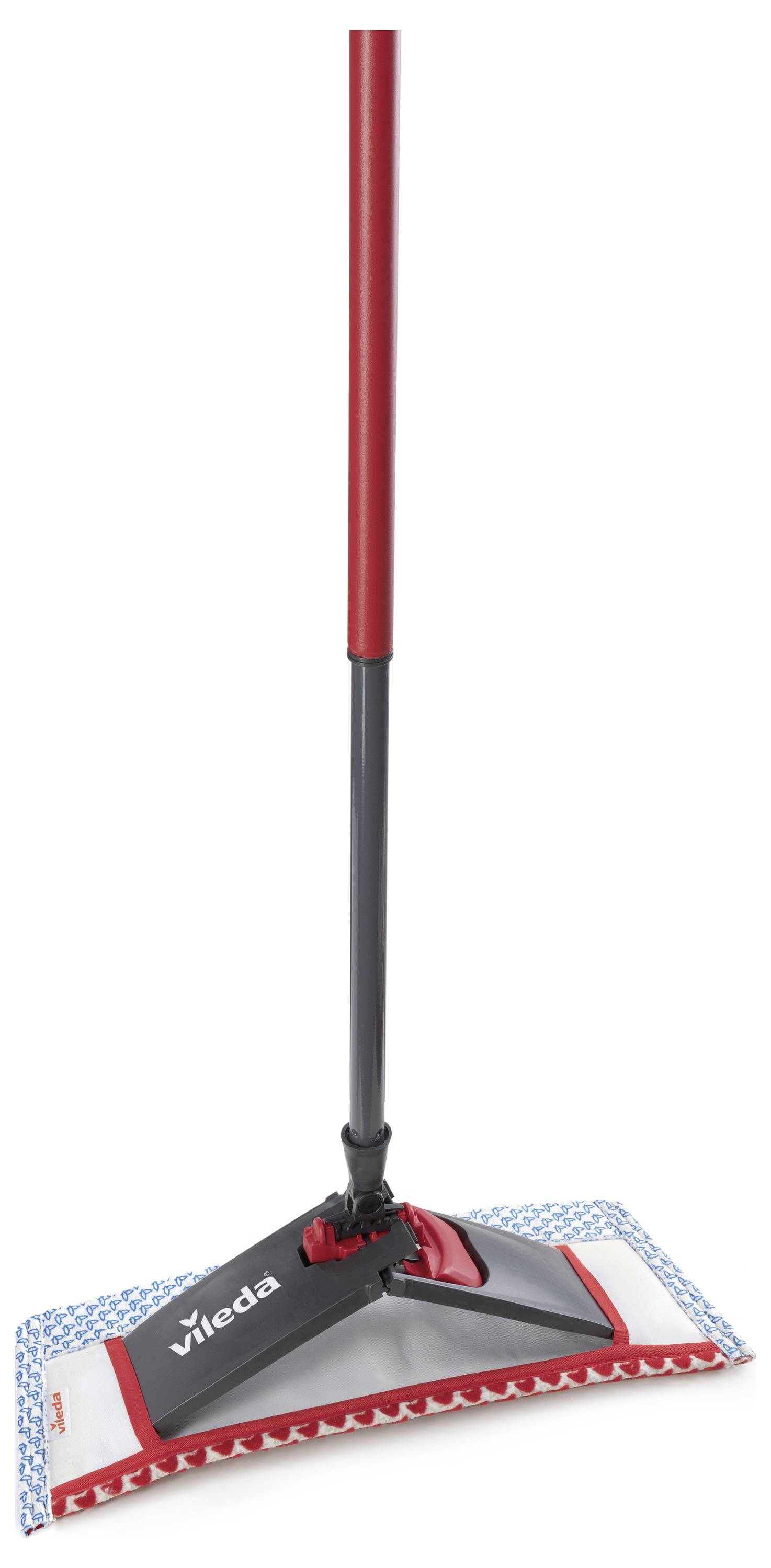 Ein Vileda Bodenwischer mit rotem Griff und flachem rechteckigem Reinigungskopf.
