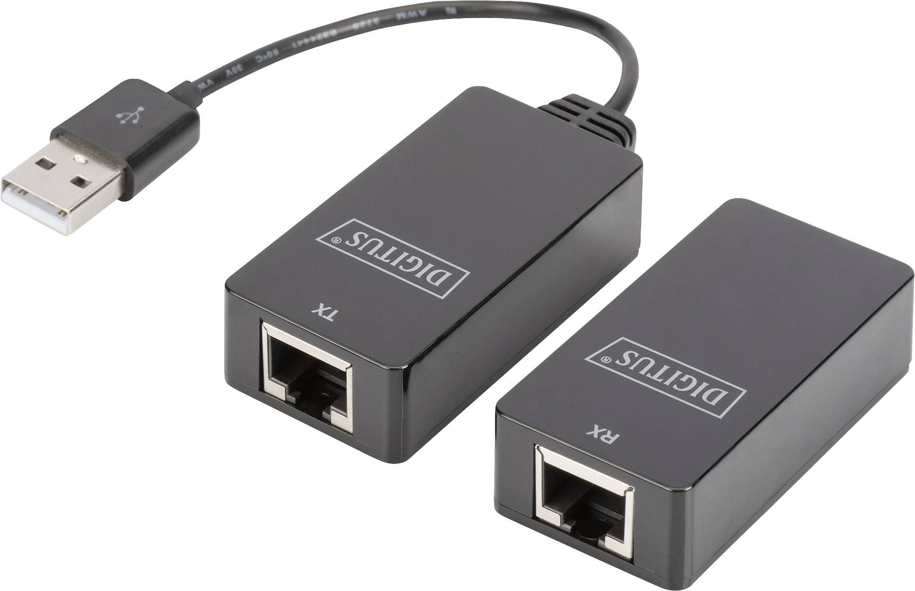 Zwei schwarze Netzwerkadapter mit Aufschrift 'Digitus' sind über ein USB-Kabel verbunden. Sie haben jeweils einen Ethernet-Anschluss.