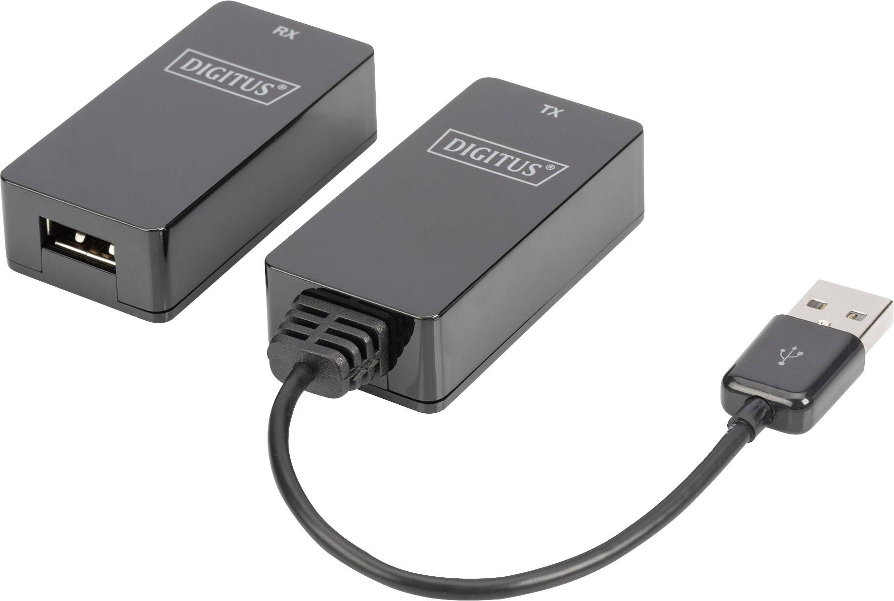 Zwei schwarze Digitus-Adapter, einer mit USB-Kabel ('TX'), der andere mit USB-Anschluss ('RX'), nebeneinander dargestellt.