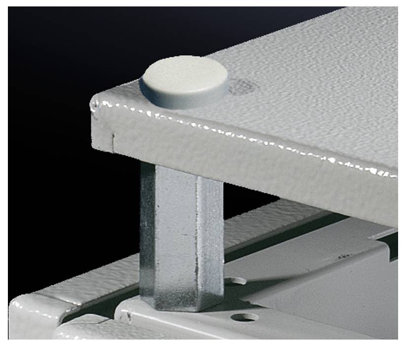 Metallstift hält zwei Platten zusammen. Oben runde, helle Kappe. Detailaufnahme zeigt Verbindungsmechanik bei Maschinenbau.