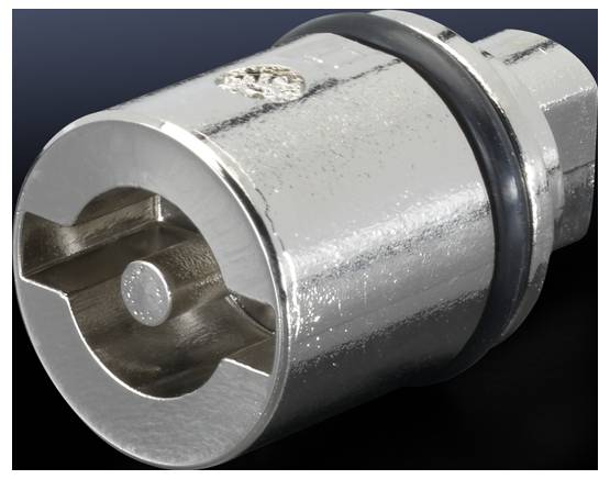 Metallisches Werkzeugstück mit rundem, glänzendem Kopf und schwarzem Gummiring, auf dunklem Hintergrund.