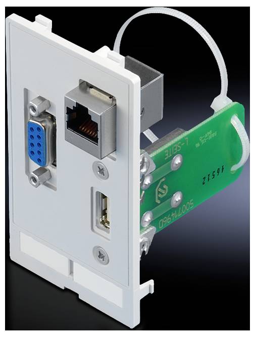 Eine weiße Steckdose mit VGA-, Ethernet- und USB-Anschluss. Ideal für multifunktionale Verbindungen in Büro- oder Heimnetzwerken.