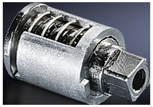 Metallisches Bauteil mit federbelastetem Mechanismus und sechseckigem Ende, möglicherweise ein Maschinenteil oder Werkzeugaufsatz.