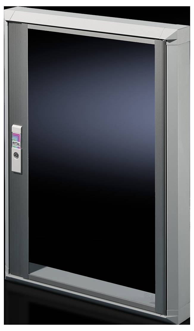 Eine moderne, rechteckige Schranktür aus Glas und Metall, überwiegend in Silber, mit einem Griff, vor einem schwarzen Hintergrund.