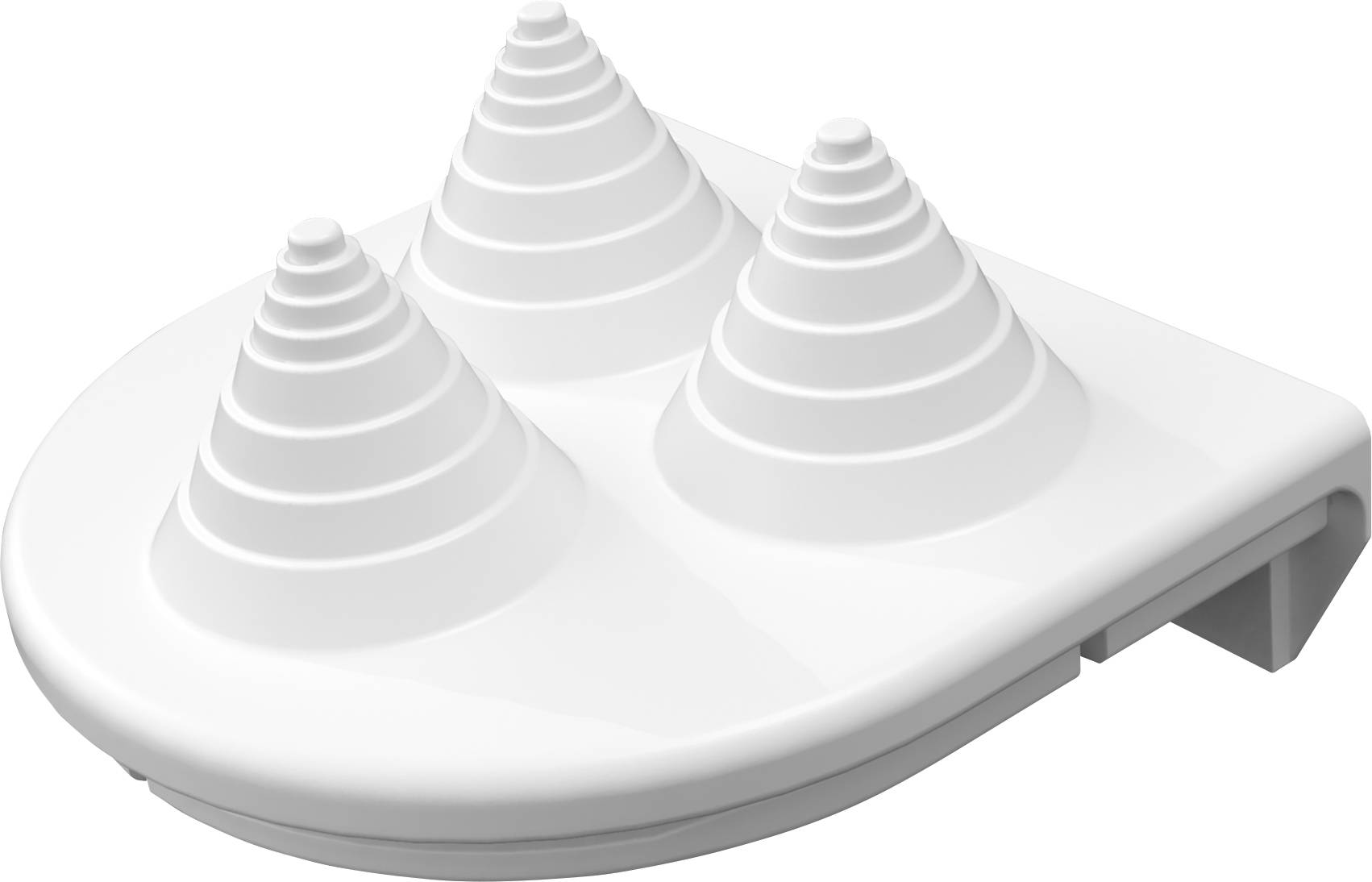 Ein weißes Küchenutensil mit drei kegelförmigen Aufsätzen auf einer abgerundeten Basis, möglicherweise zur Dekoration von Speisen.