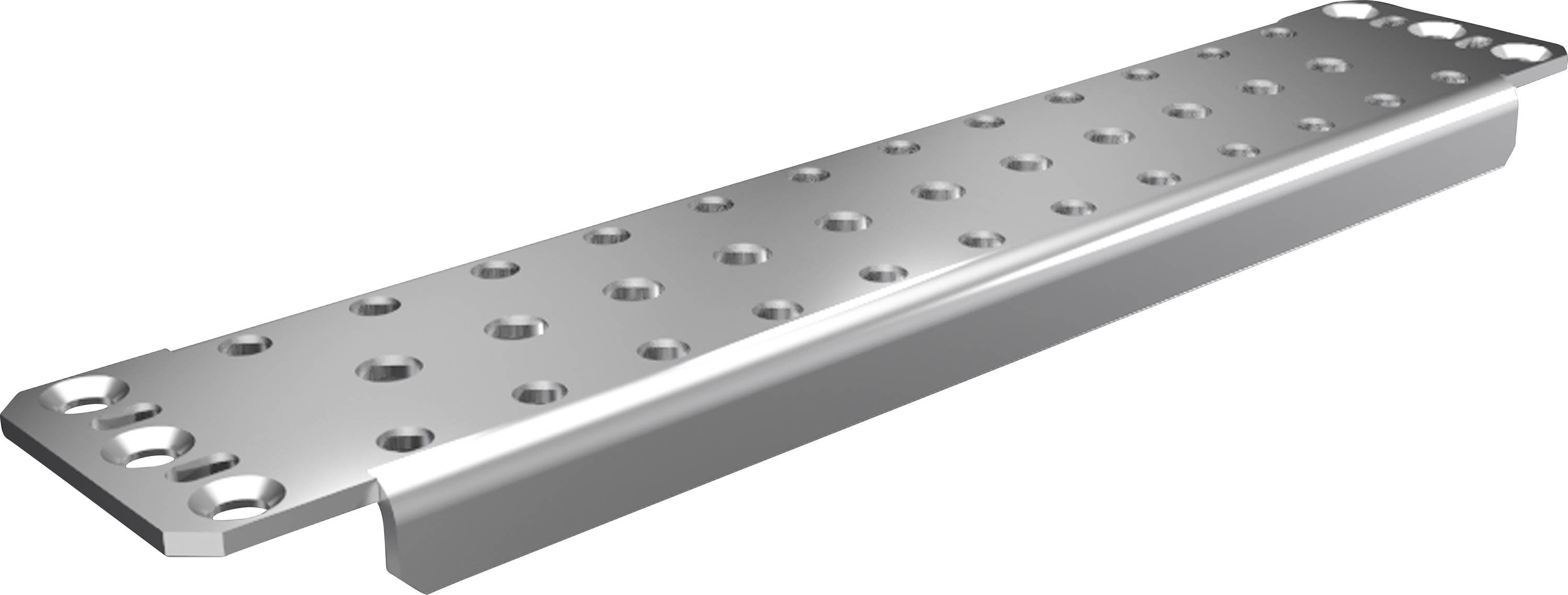 Langes, rechteckiges Metallteil mit mehreren Löchern und abgeschrägten Kanten, geeignet für Befestigungs- und Konstruktionszwecke.