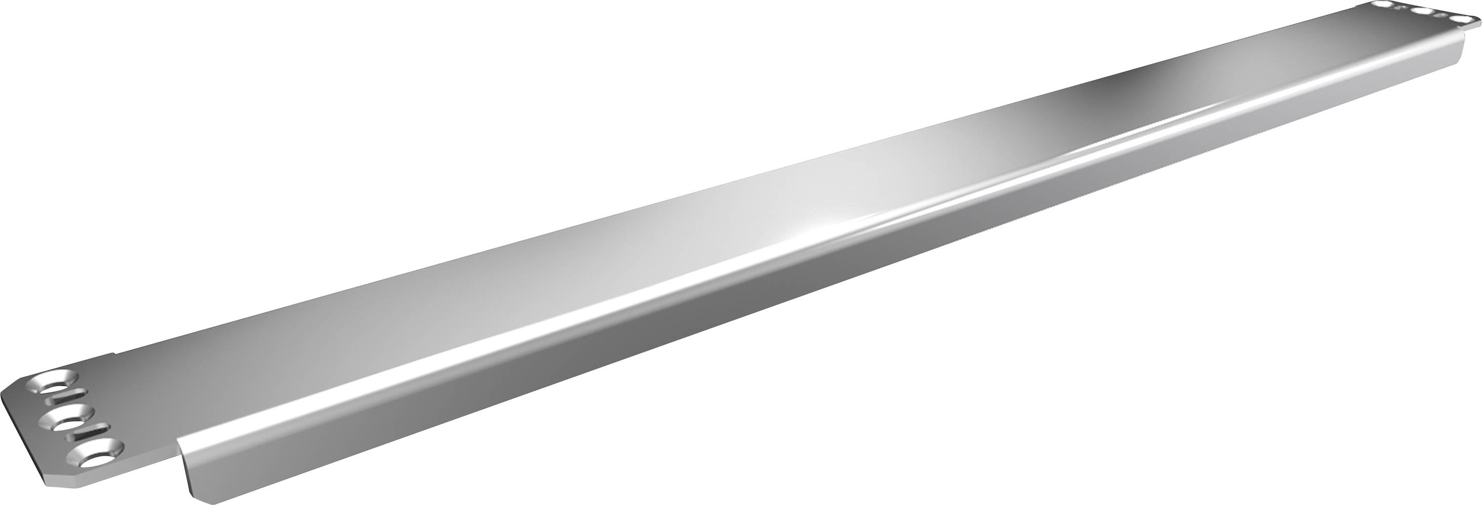 Metallische, rechteckige Stange mit abgerundeten Ecken und Bohrungen an den Enden, auf weißem Hintergrund dargestellt.