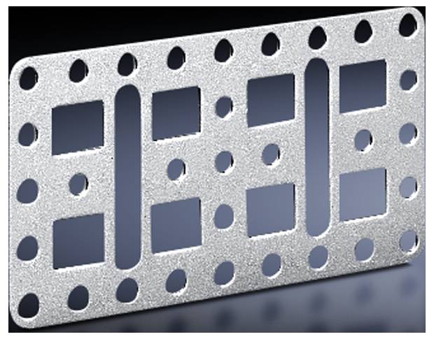 Rechteckige Metallplatte mit zahlreichen symmetrischen Löchern. Eignet sich zur Befestigung oder Verbindung in mechanischen Konstruktionen.