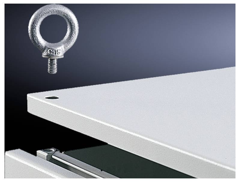 Nahaufnahme einer weißen Metallplatte mit Bohrungen. Eine metallene Ringschraube schwebt darüber. Hintergrund dunkelblau.