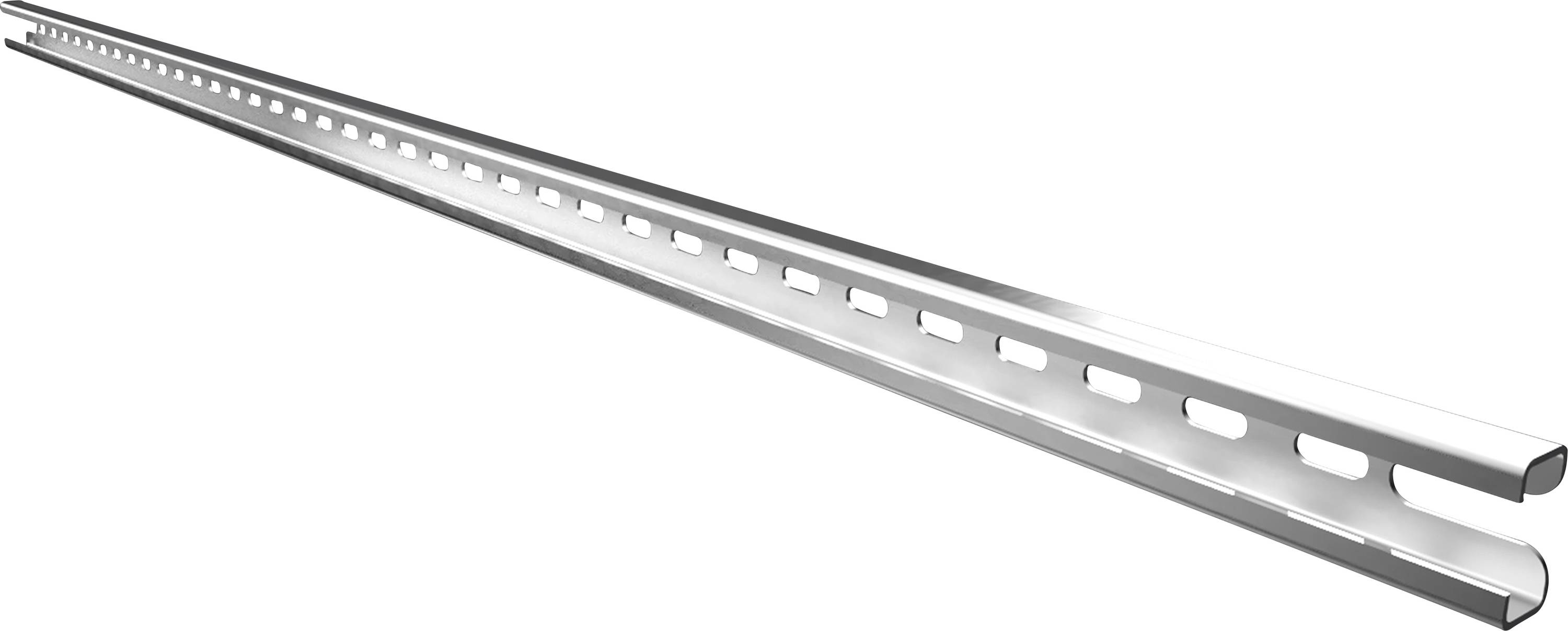Metallschiene mit regelmäßig verteilten rechteckigen Löchern entlang ihrer Länge, diagonal dargestellt.