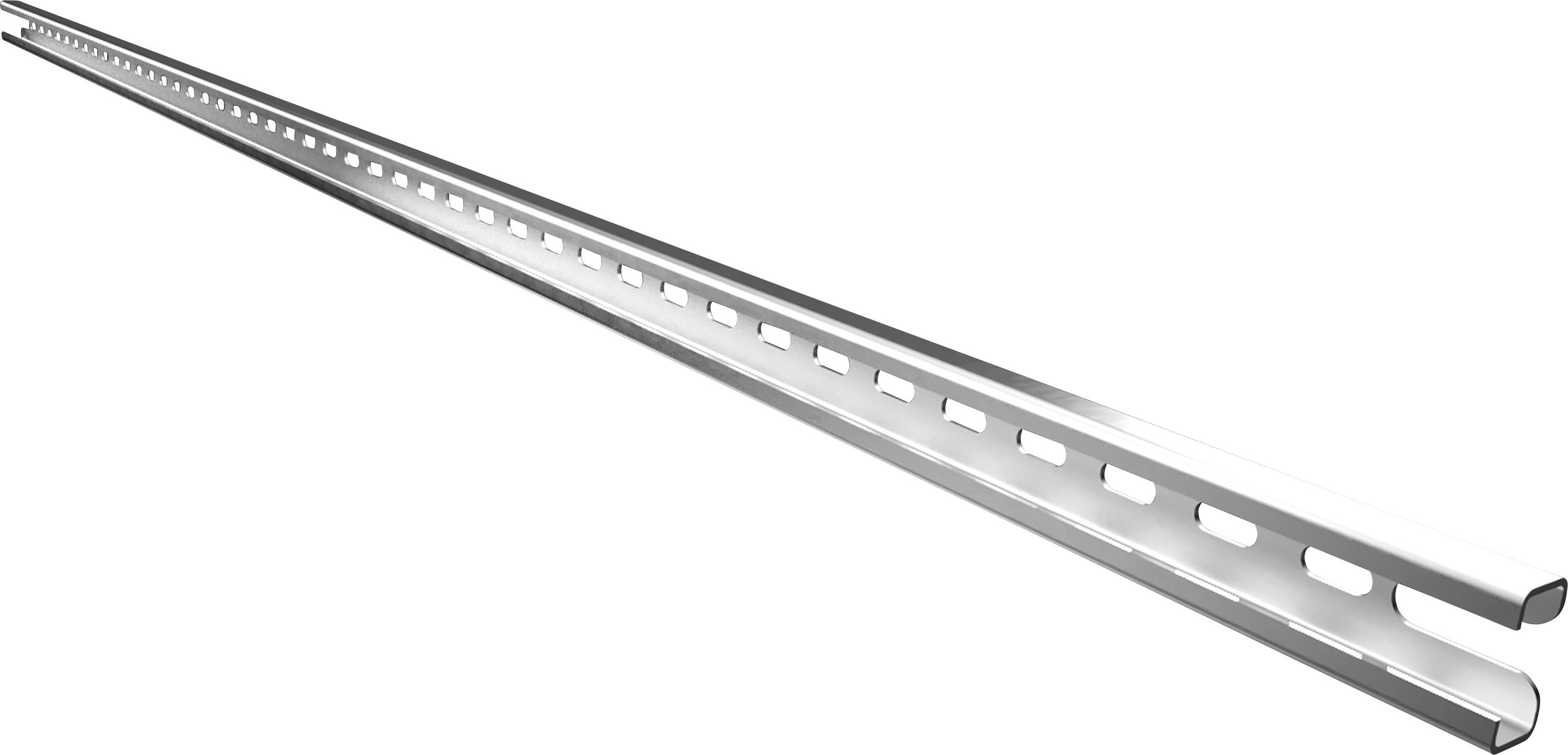 Eine lange, silberne Metallschiene mit regelmäßigen, rechteckigen Aussparungen entlang der gesamten Länge.
