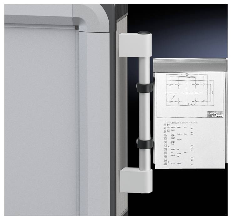 Türscharnier mit technischem Diagramm im Hintergrund, das Maße und Montageanweisungen zeigt.