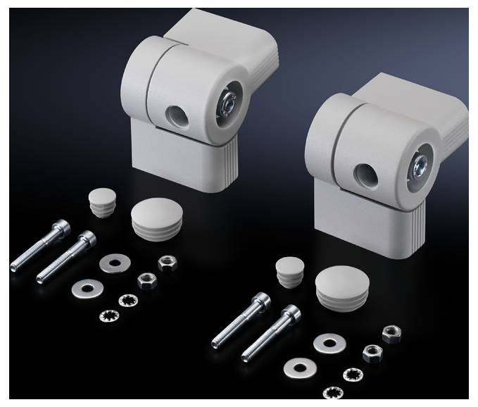 Zwei graue Gelenkverbinder mit Schrauben und Unterlegscheiben, auf dunklem Hintergrund angeordnet, verwendet für Verbindungsanwendungen.