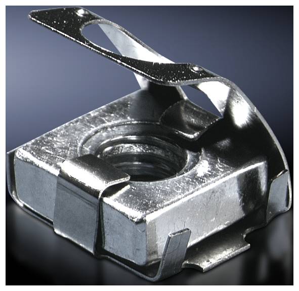 Silbernes Metallteil mit quadratischem Körper und aufklappbarem Blech am oberen Rand, vor dunklem Hintergrund.