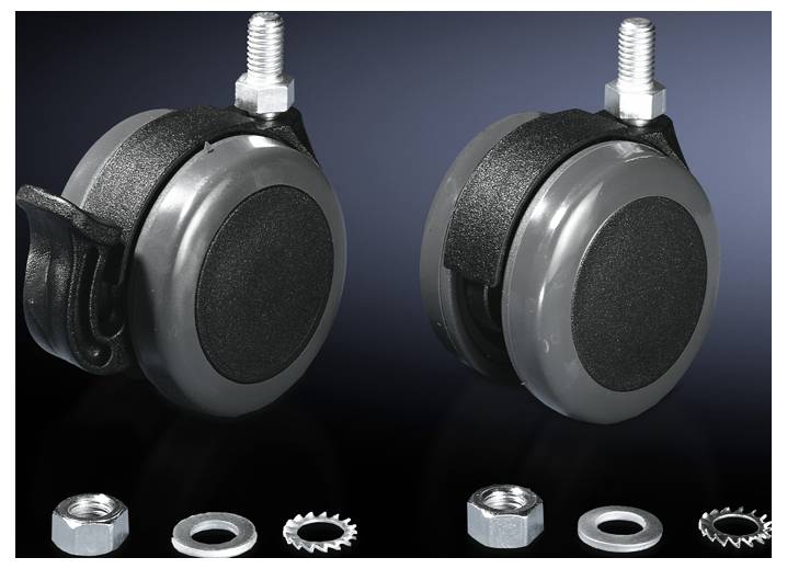 Zwei schwarze Lenkrollen mit Schraubbefestigung, gezeigt mit dazugehörigen Muttern und Unterlegscheiben auf dunklem Hintergrund.