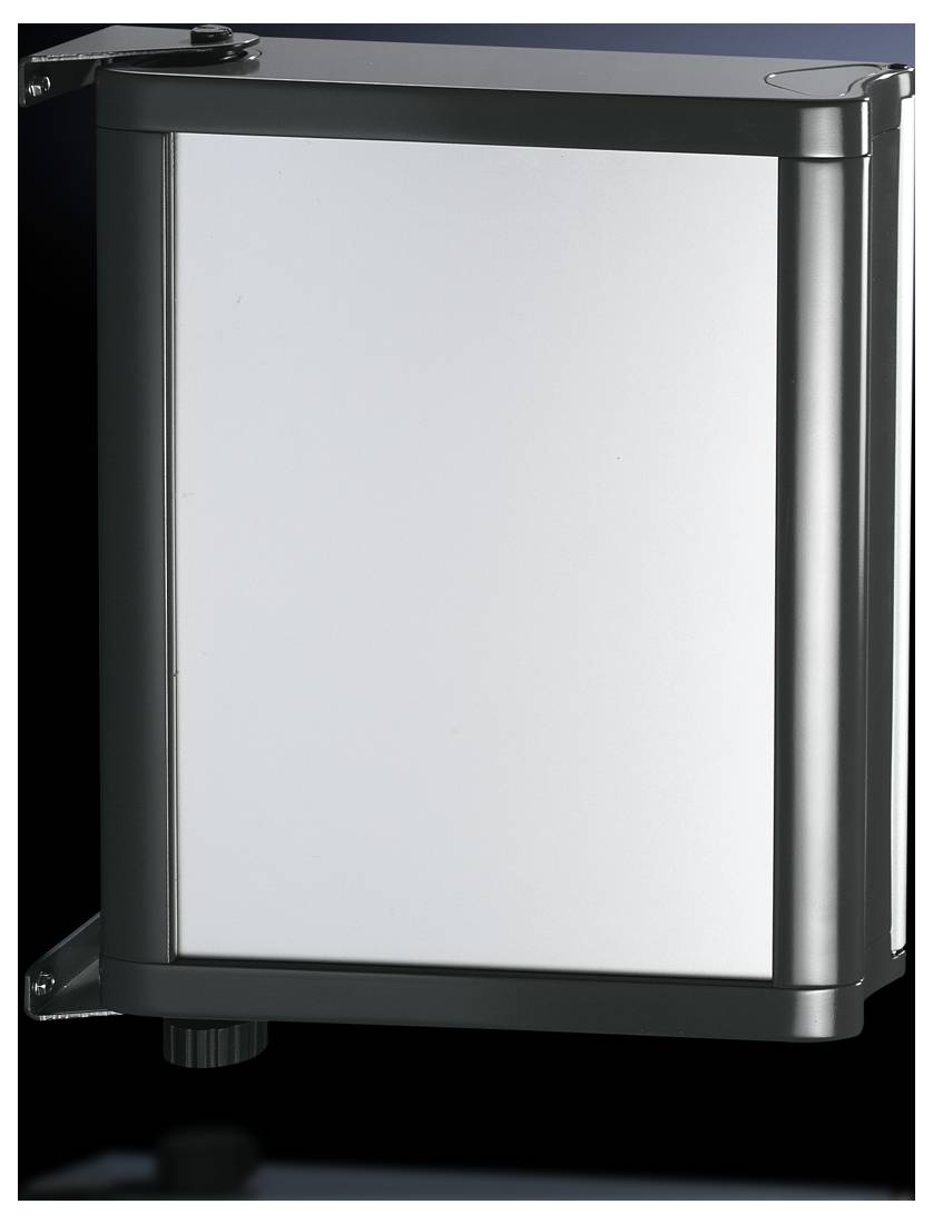 Silberner, rechteckiger Metallkasten mit schwarzem Rahmen und abgerundeten Kanten, vor schwarzem Hintergrund.