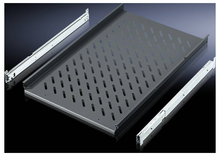 Schwarzes belüftetes Serverregal aus Metall mit zwei seitlichen Schienen, geeignet zur Befestigung in einem Servergehäuse.