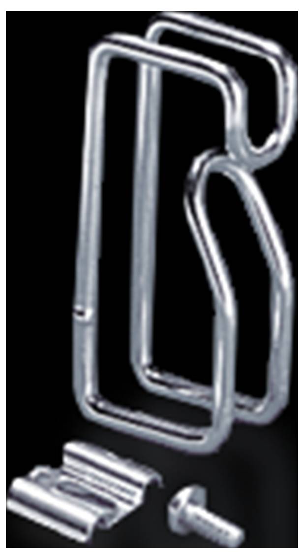 Metallhaken, Metallklammer und Schraube auf schwarzem Hintergrund. Hauptkomponenten für Befestigungs- oder Montagezwecke.