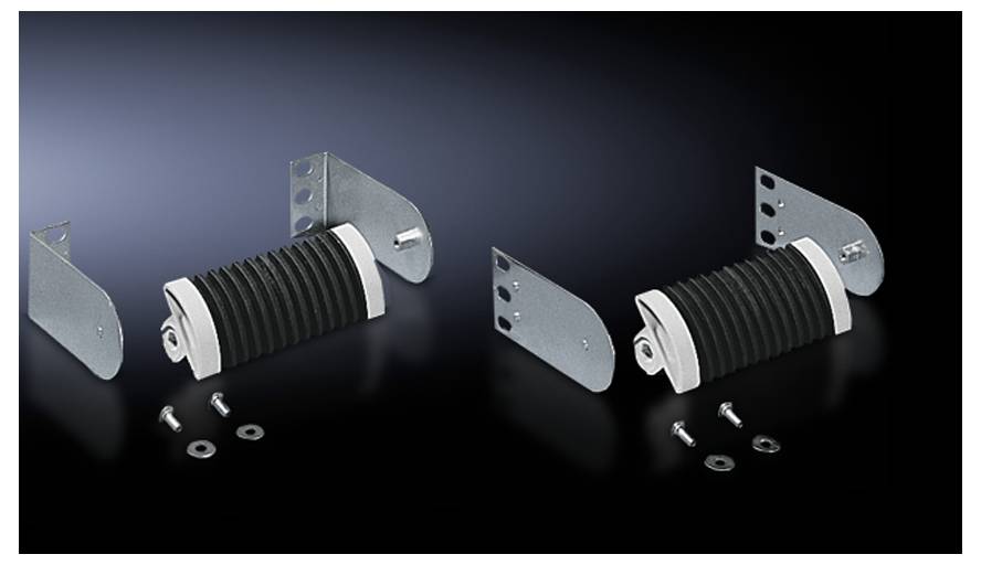 Zwei Montagewinkel mit Federkomponenten und Schrauben auf schwarzem Hintergrund. Die Komponenten sind symmetrisch angeordnet.