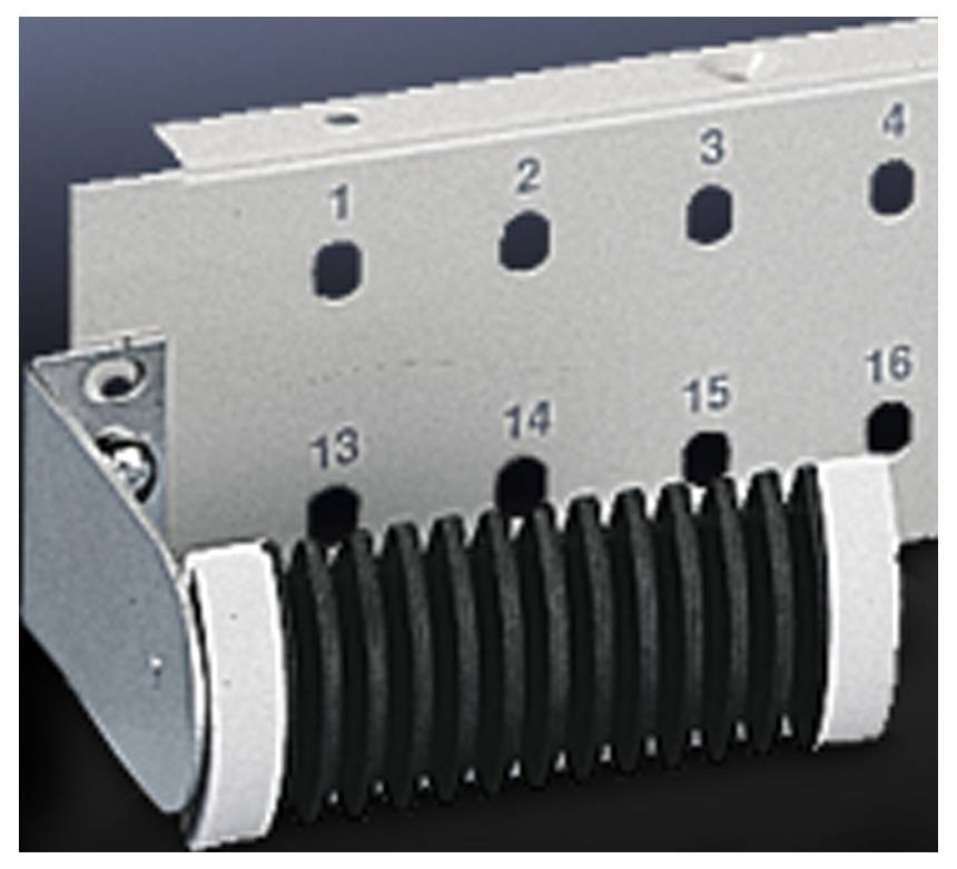 Gummi-Stoßdämpfer mit Metallhalterung, montiert an einer perforierten Metallplatte mit nummerierten Löchern, Zahlen 1 bis 15 sichtbar.