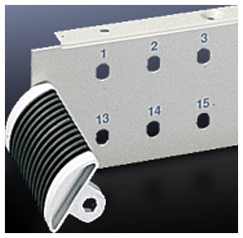 Metallplatte mit nummerierten Löchern (1-15), links mit schwarzem Kunststoffgriff, vor dunklem Hintergrund.