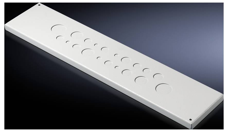 Rechteckige, weiße Abdeckung mit kreisförmigen Aussparungen in verschiedenen Größen auf dunklem Hintergrund.