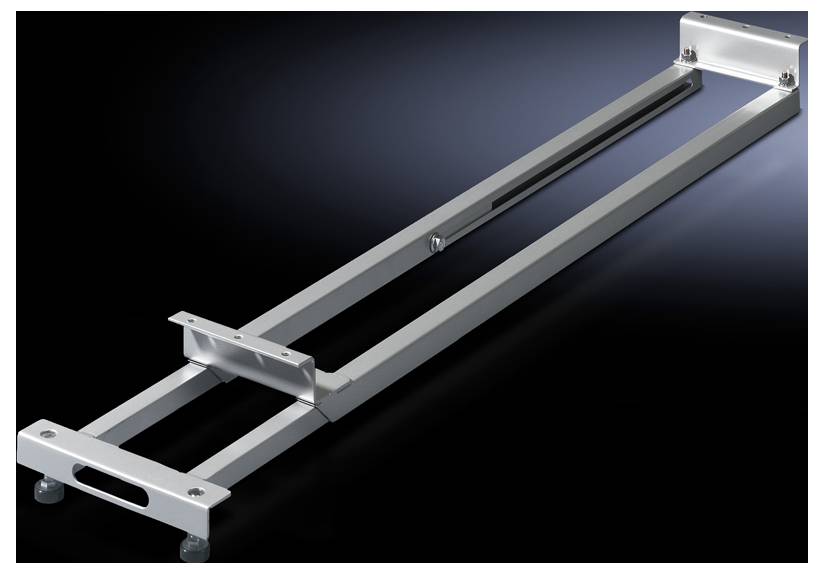 Metallschiene mit justierbaren Füßen auf schwarzem Hintergrund. Geeignet für industrielle Anwendungen oder Halterungen.