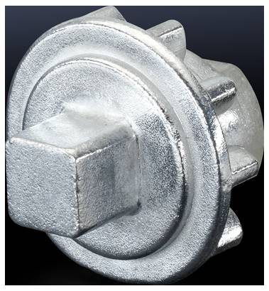 Metallene, sechskantige Schraubkappe mit strukturiertem Finish, verwendet zum Verschließen und Abdichten von Behältern.