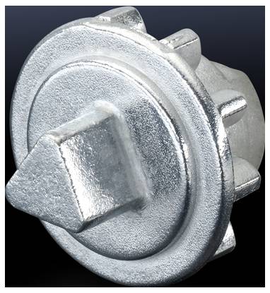 Ein silberfarbenes, metallisches Teil mit einer runden Kappe und einem quadratischen Steckansatz in der Mitte, möglicherweise ein Verschluss.